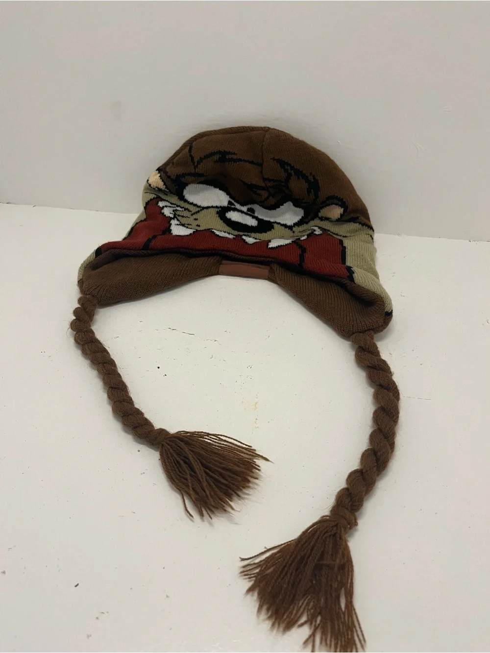 Vintage Looney Tunes Taz Trapper Hat Ear Flaps Braided Tassels Brown One Size